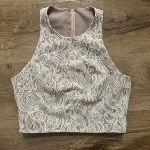 Lace Fitted Sleeveless Top‎ with Zip Back Size 0 Cropped Tank White And Tan